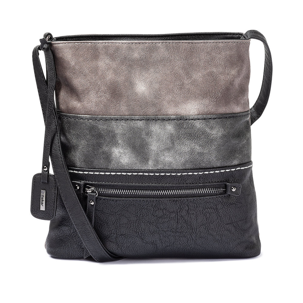Sac bandoulière Rieker H1301-45 en gris avec finition métallisée, fermeture éclair et poche pour téléphone portable. Face avant.