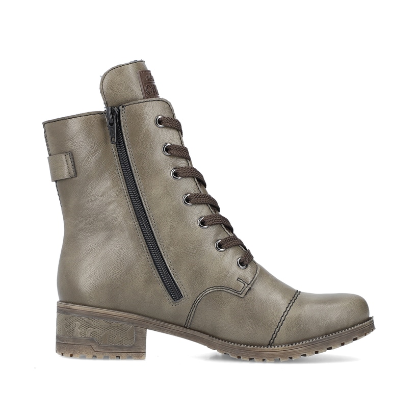 Armeegrüne Rieker Damen Schnürstiefel 70345-54 mit einer Profilsohle mit Blockabsatz. Schuh Innenseite