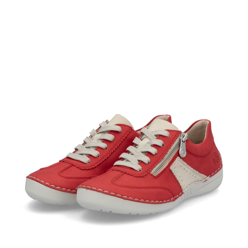 Rote Rieker Damen Schnürschuhe 52521-33 mit einem Reißverschluss. Schuhpaar seitlich schräg.