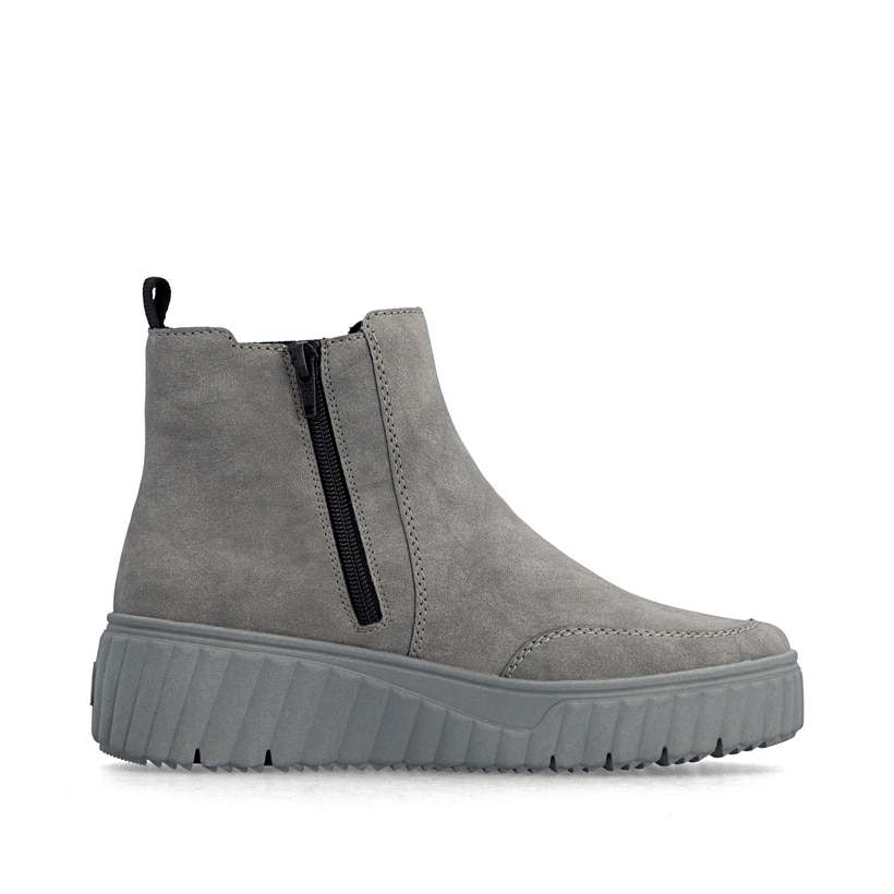 Chelsea Boots Rieker grises pour femme N2553-40 avec fermeture éclair. Chaussure vue de l'arrière.