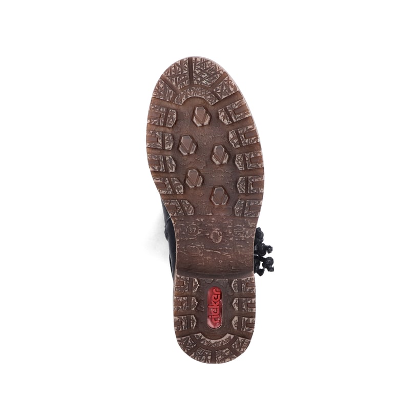 Tiefschwarze Rieker Damen Hochschaftstiefel Z4776-00 mit einer robusten Profilsohle. Schuh Laufsohle