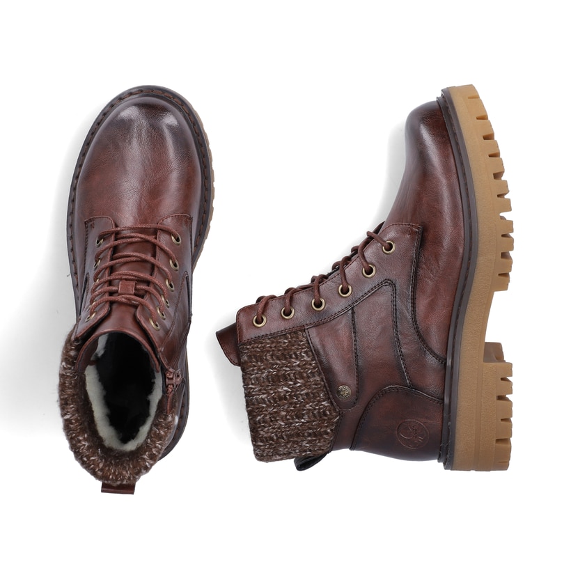 Dunkelbraune Rieker Damen Schnürstiefel 92920-25 mit einem Reißverschluss. Schuh von oben, liegend.