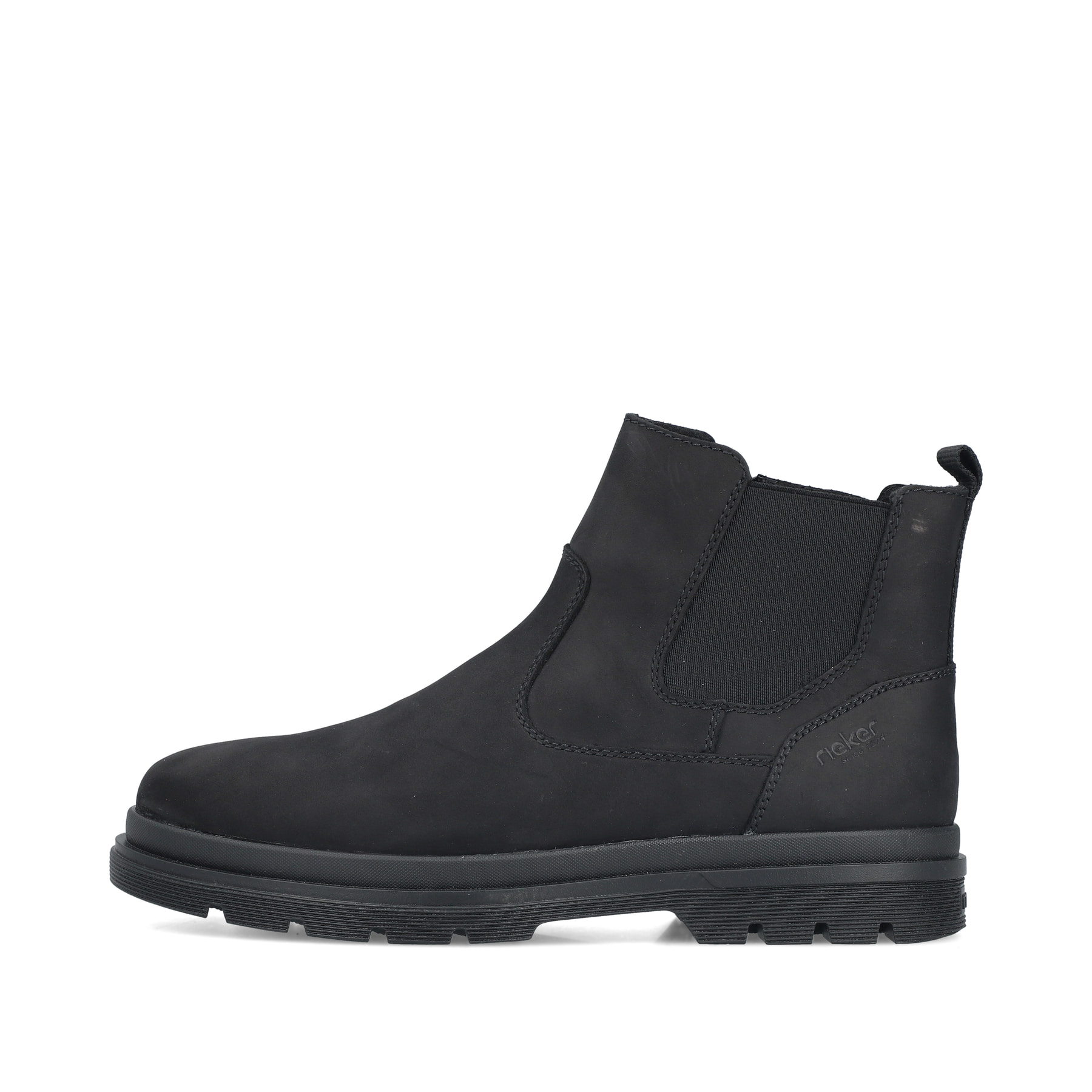 Schwarze Rieker Herren Chelsea Boots F7051-00 aus Rauleder mit Reißverschluss. Schuh Außenseite.