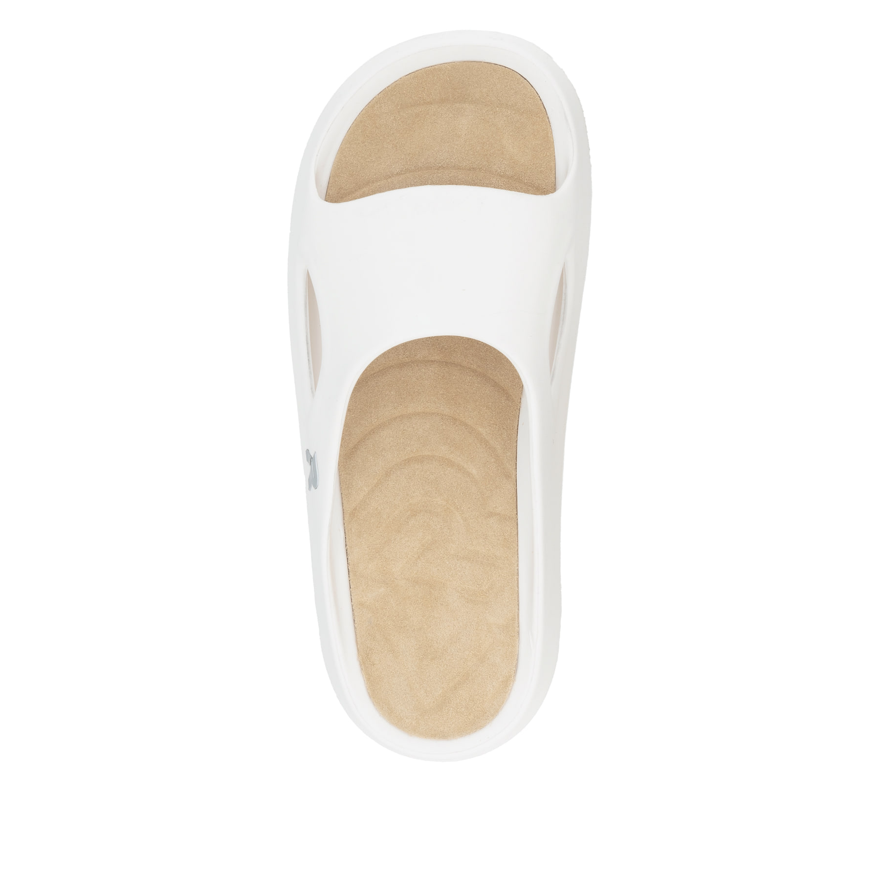 Weiße Rieker Damen Pantoletten W3350-80 mit ultraleichter und flexibler Sohle. Schuh von oben.