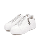 Weißer Rieker Damen Sneaker Low M7712-80 Schwenninger Wild Wings Special Edition mit Eishockey-Schnürsenkeln und Logo. Schuhpaar seitlich schräg.