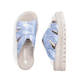 Blaue Rieker Damen Pantoletten V4989-10 mit angesagtem Animal-Print. Schuh von oben, liegend.