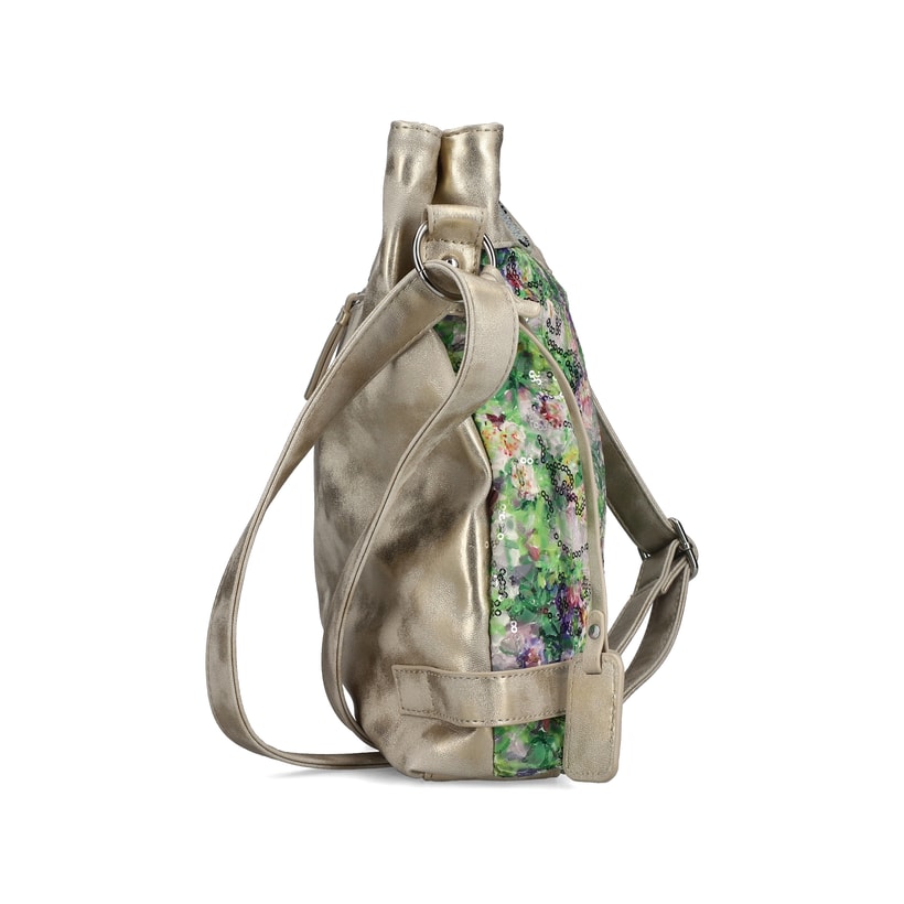 Sac à main Rieker H1304-90 vert brodé de sequins, de détails argentés et de fermeture éclair. Ouvert.