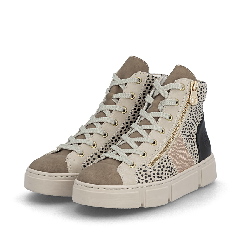 Beige Rieker Damen Sneaker High N5931-62 mit Animal-Print sowie Reißverschluss. Schuhpaar seitlich schräg.