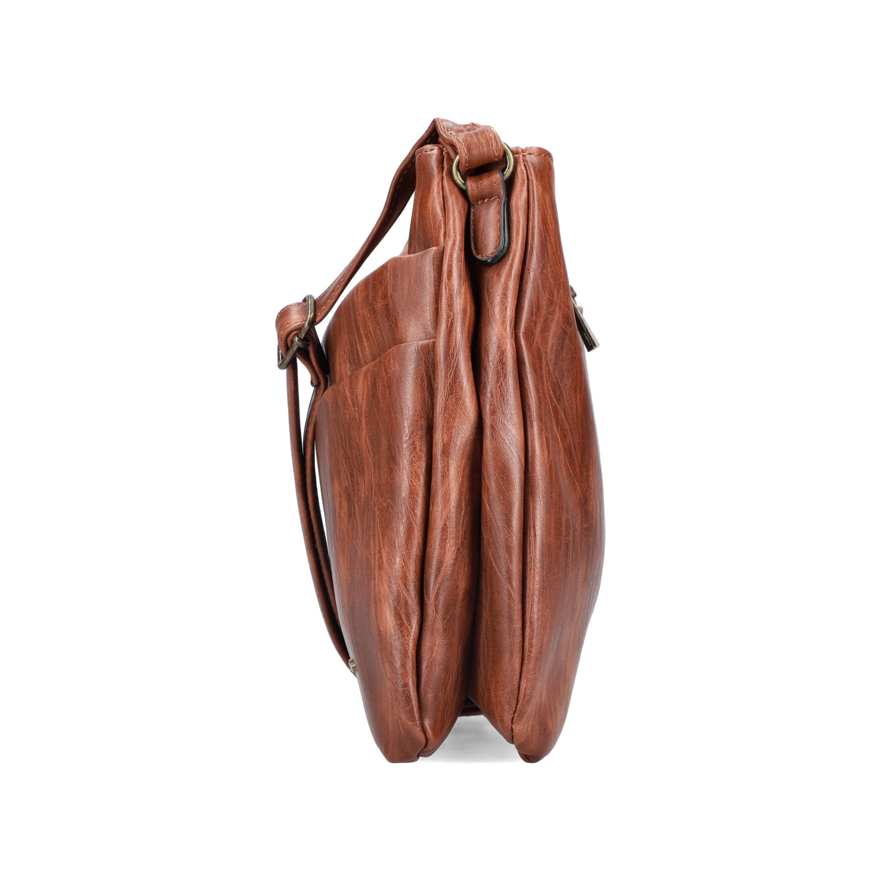Sac bandoulière Rieker H1005-22 en marron avec fermeture éclair et pendentif en forme de cœur. Côté droit.