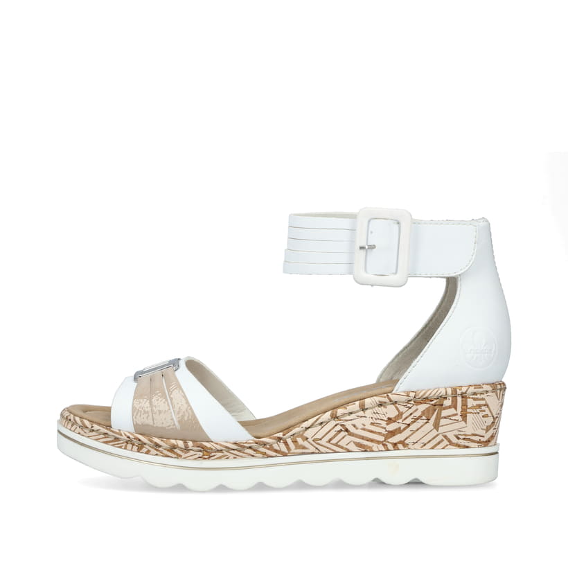 Weiße Rieker Keilsandaletten 67191-80 mit einem Klettverschluss. Schuh Außenseite.