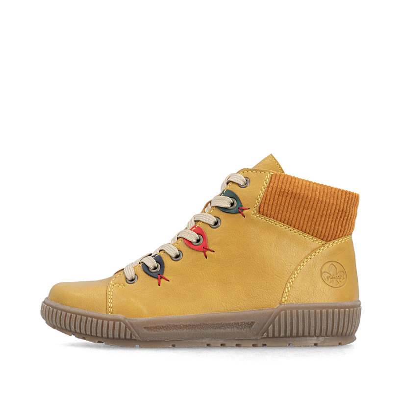Ockerfarbene Rieker Damen Schnürstiefel N0711-68 mit farbenfrohen Details. Schuh Außenseite.