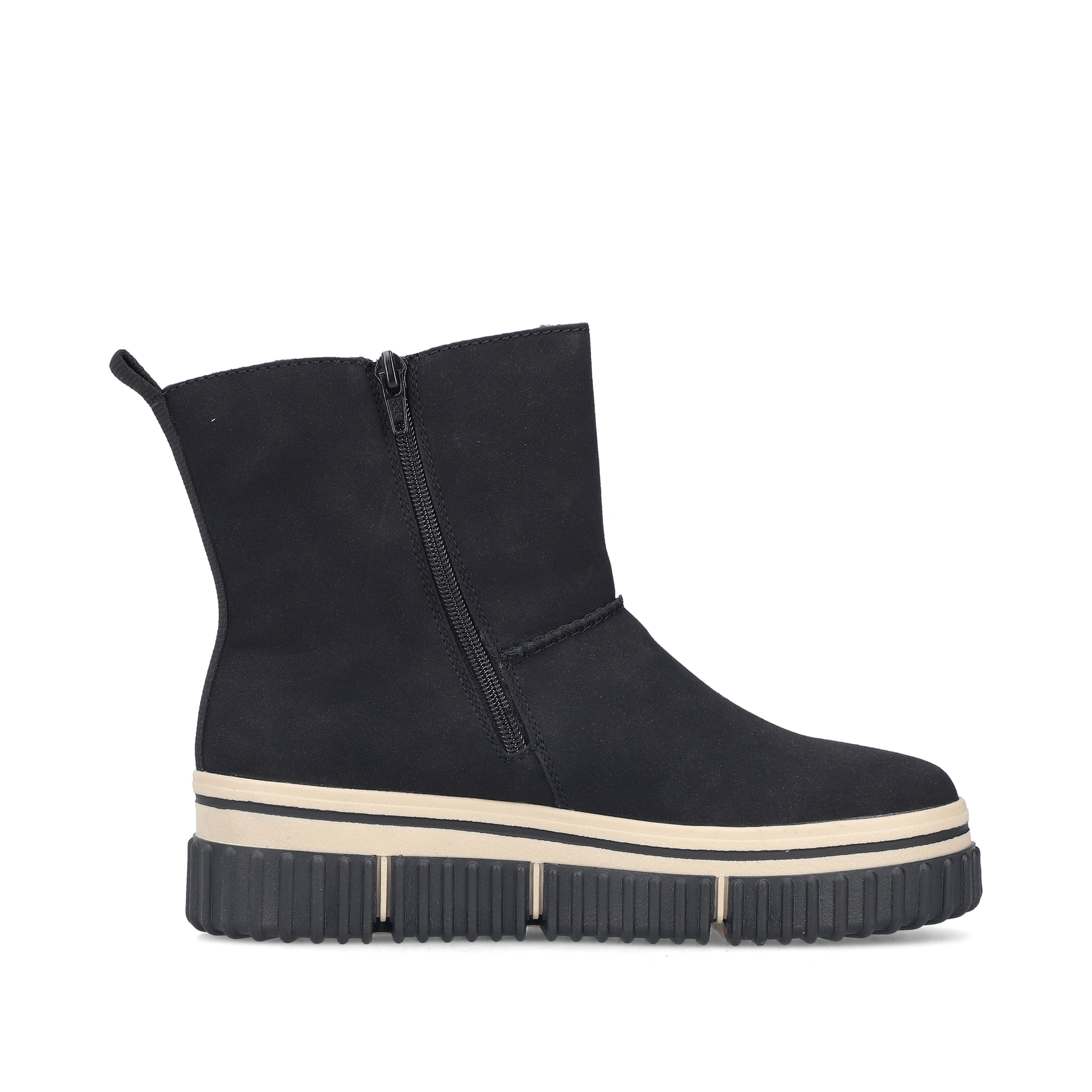 Schwarze Rieker Damen Kurzstiefel Y6364-00 mit einem Reißverschluss. Schuh Innenseite.