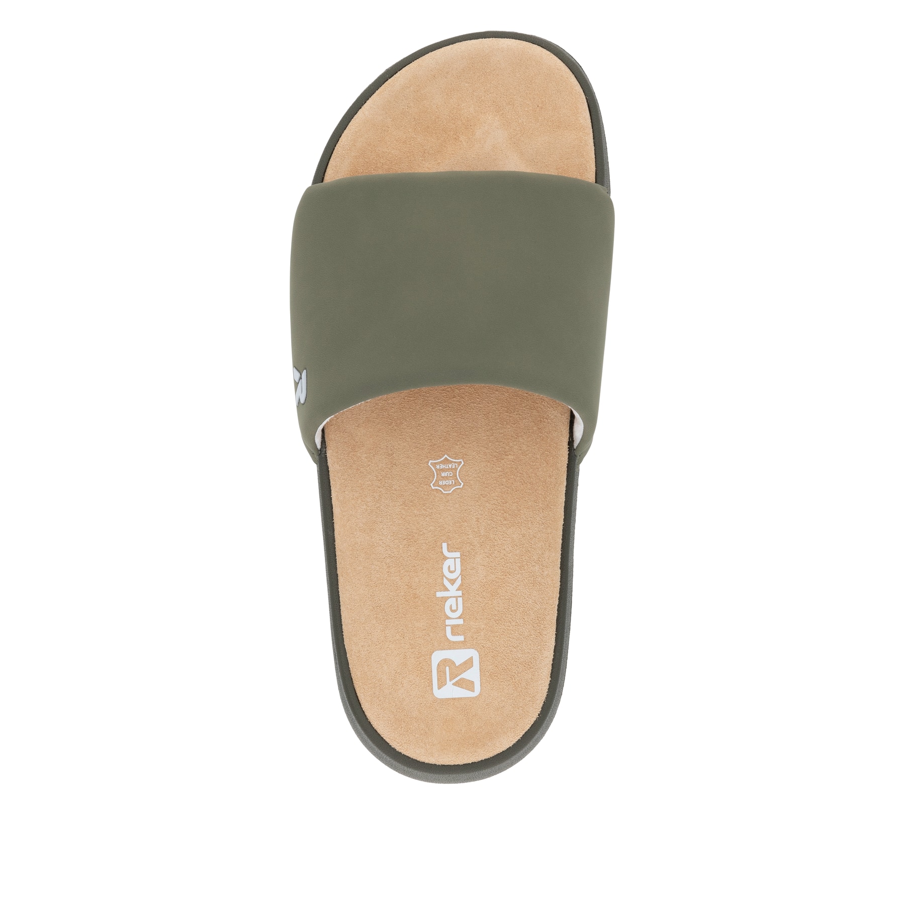 Grüne Rieker Herren Pantoletten U3250-54 mit flexibler und ultraleichter Sohle. Schuh von oben.