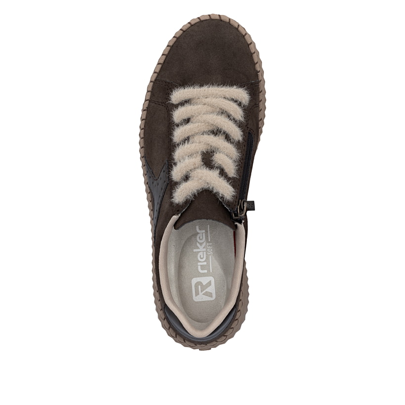 Braun-beige Rieker Damen Sneaker Low N9920-25 mit flauschigen Schnürsenkeln. Schuh von oben.