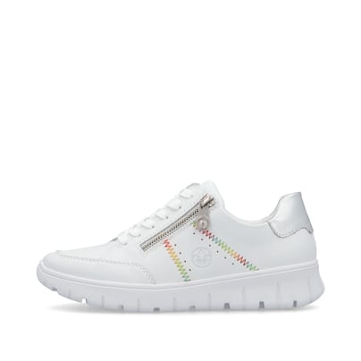 Weiße Rieker Damen Sneaker Low N1313-80 mit Reißverschluss sowie Extraweite H. Schuh Außenseite.