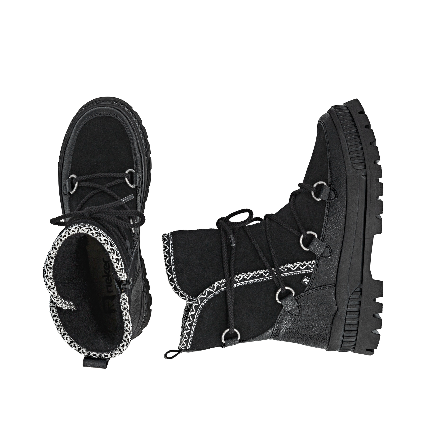 Schwarze Rieker Damen Kurzstiefel W2175-00 aus Rauleder mit weißer Zickzack-Naht. Schuh von oben, liegend.