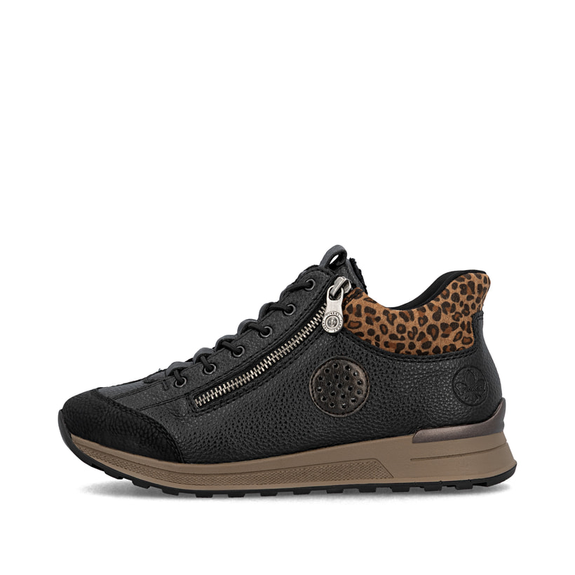 Schwarze Rieker Damen Kurzstiefel N1457-00 mit Ready2GO Schnell-Anziehfunktion. Schuh Außenseite.