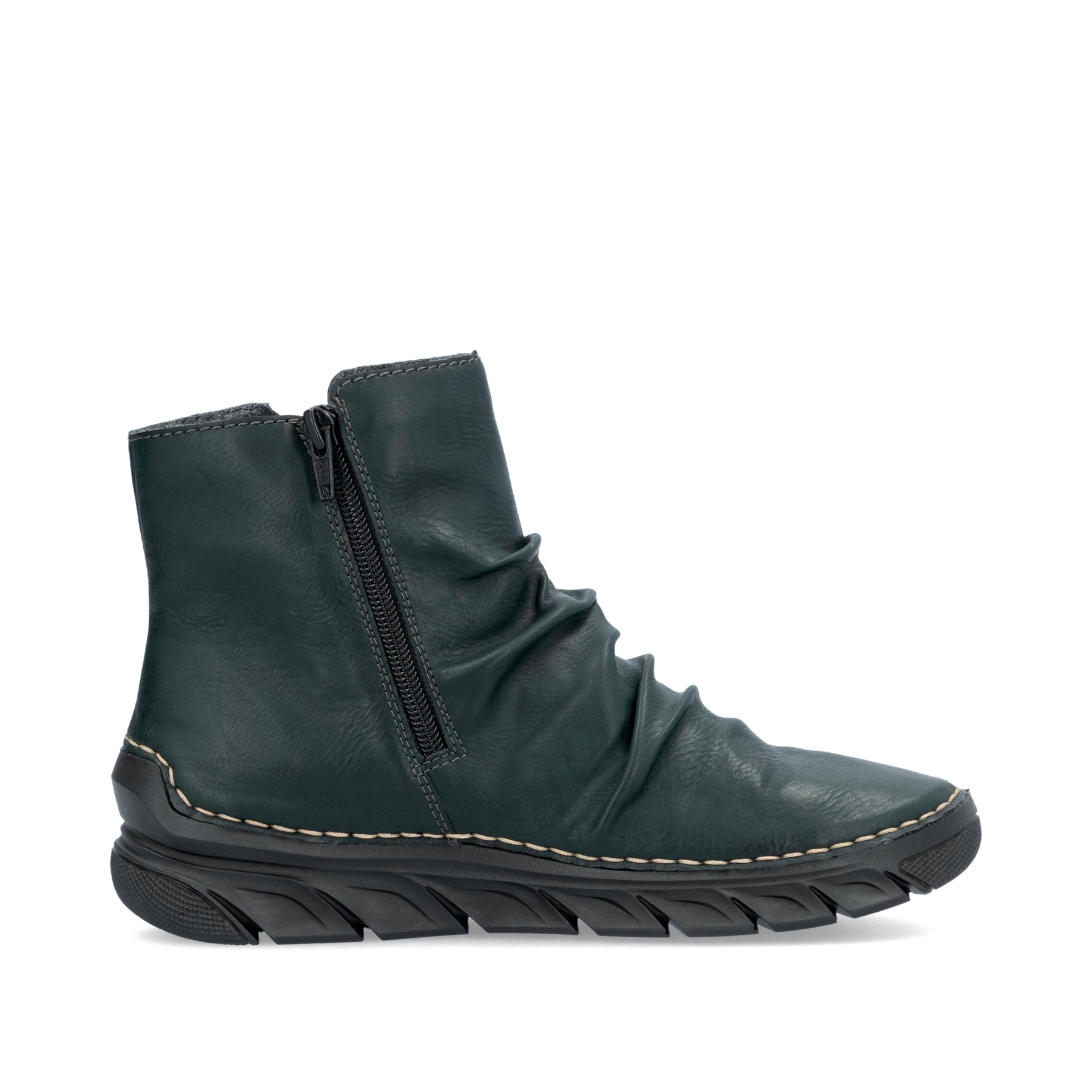 Grüne Rieker Damen Kurzstiefel 55052-54 mit geraffter Optik sowie Reißverschluss. Schuh Innenseite.