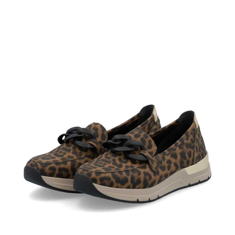 Mehrfarbige Rieker Damen Loafer 58944-90 mit Leo-Print sowie einem Gummizug. Schuhpaar seitlich schräg.