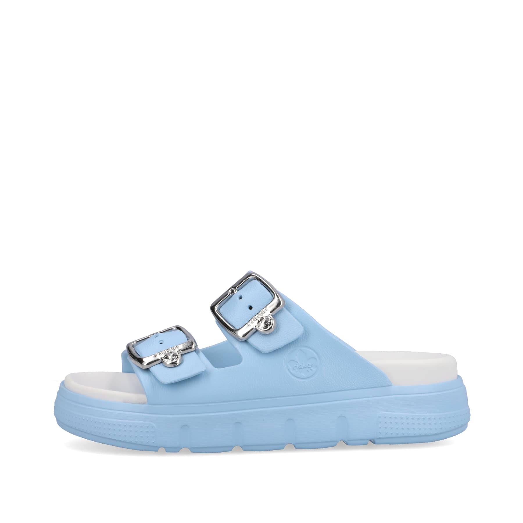 Blaue Rieker Damen Pantoletten P2180-10 mit Schnallen sowie ultraleichter Sohle. Schuh Außenseite.