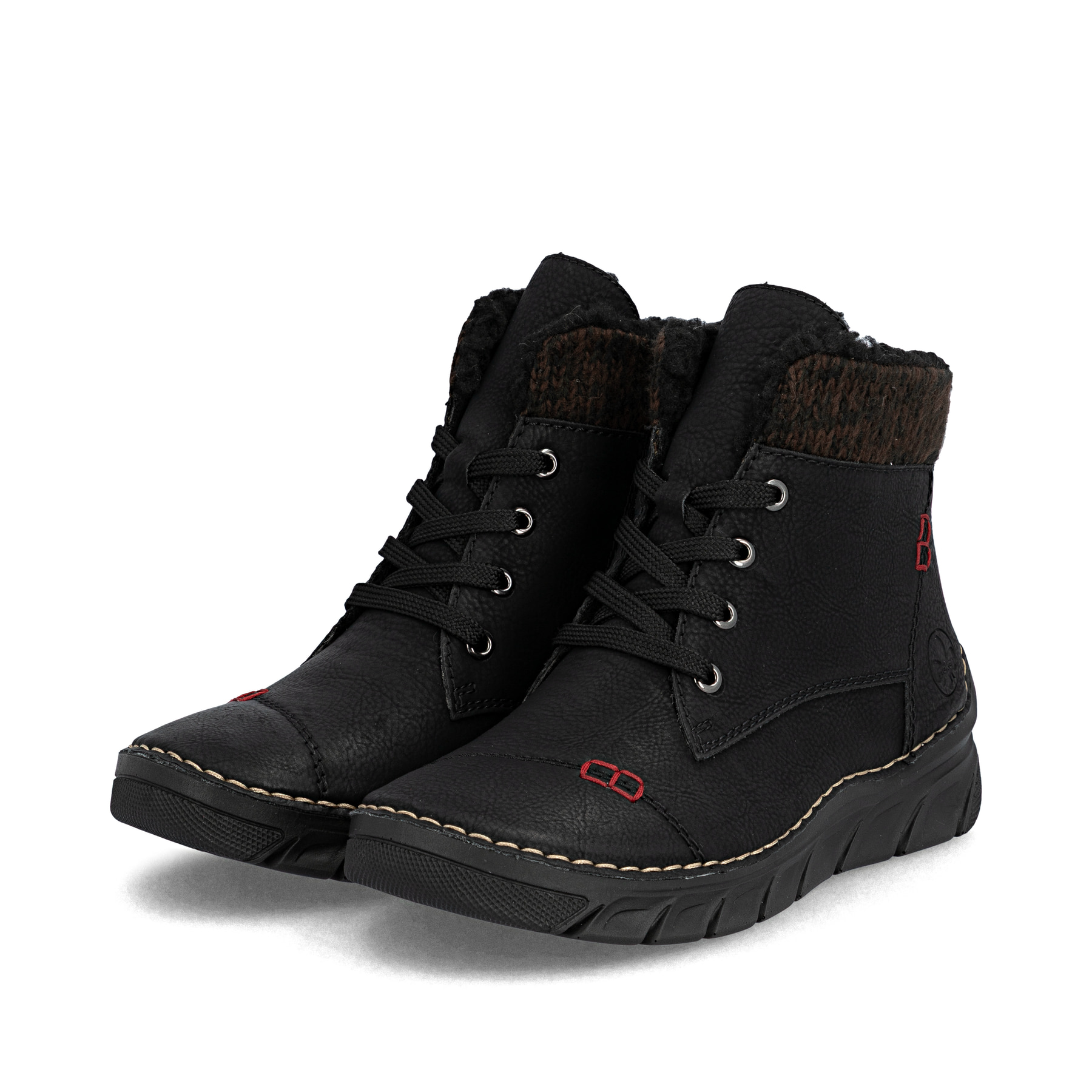 Schwarze Rieker Damen Schnürstiefel 55031-00 mit einem Reißverschluss. Schuhpaar seitlich schräg.