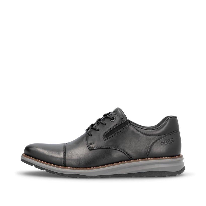 Schwarze Rieker Herren Slipper 14701-00 mit Schnürung sowie Komfortweite G 1/2. Schuh Außenseite.
