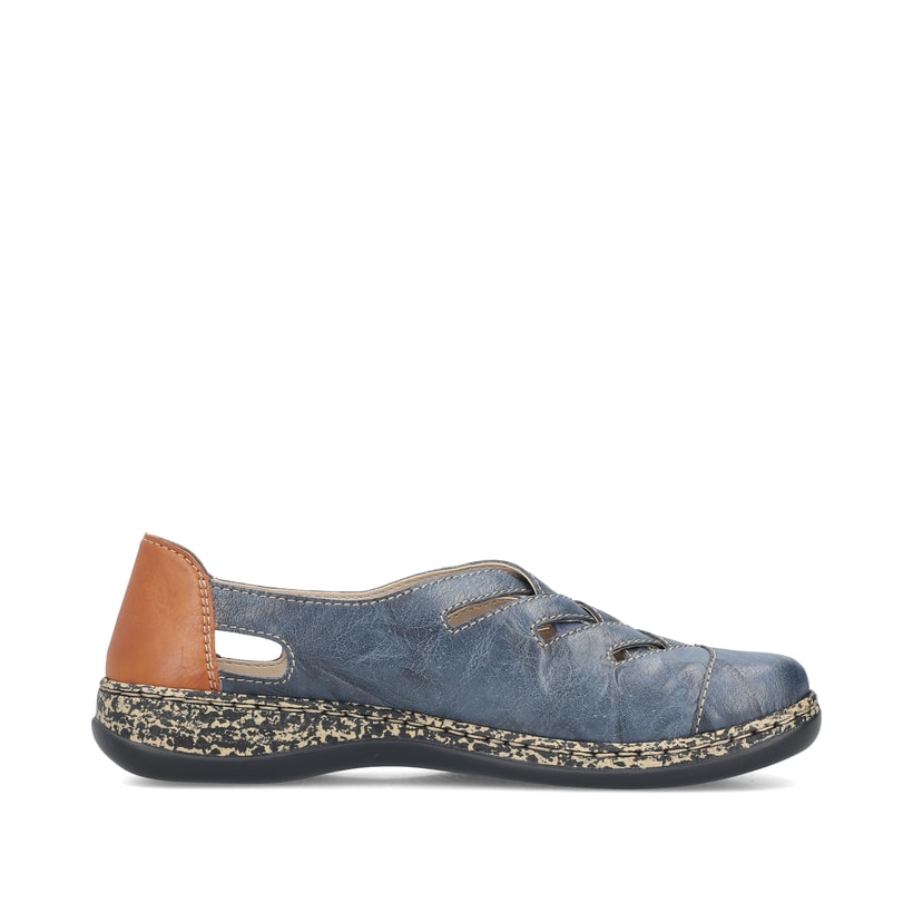 Blaue Rieker Damen Slipper 46369-12 mit Gummizug sowie extra weicher Decksohle. Schuh Innenseite.