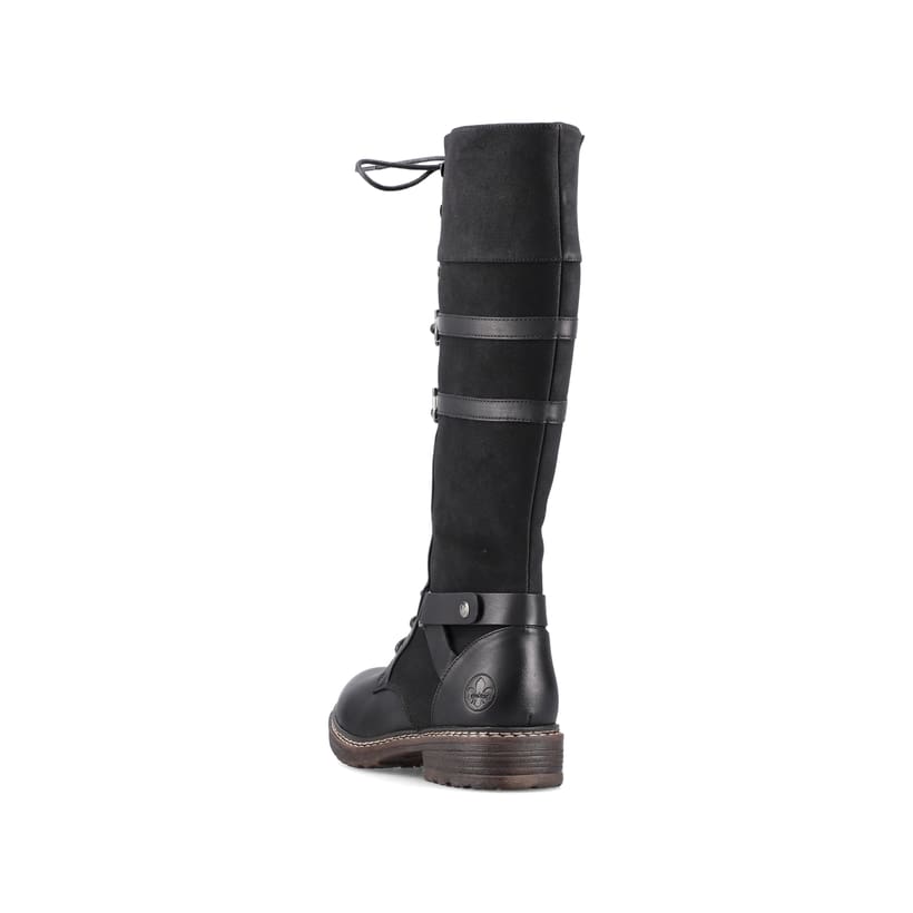 Schwarze Rieker Damen Hochschaftstiefel 94732-00 mit einem Reißverschluss. Schuh von hinten.