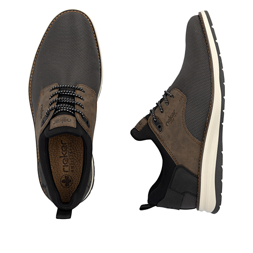Mocassins Rieker marron pour hommes 14750-25 avec bande élastique. Chaussure vue de dessus, couchée.