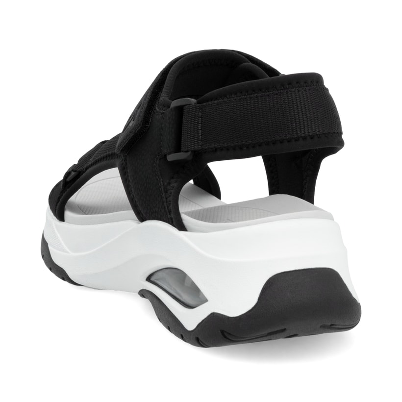 Schwarze vegane Rieker Damen Trekkingsandalen W3151-01 mit einem Klettverschluss. Schuh von hinten.