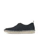 Stahlblaue Rieker Damen Slipper N1963-14 mit Elastikeinsatz sowie Löcheroptik. Schuh Außenseite gespiegelt.