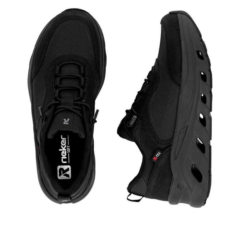 Schwarze Rieker Damen Sneaker Low W3501-00 mit wasserabweisender TEX-Membran. Schuh von oben, liegend.