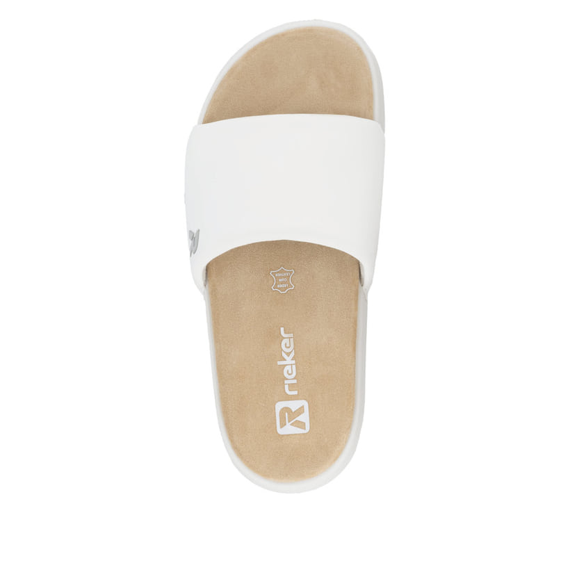 Weiße Rieker Damen Pantoletten W3250-80 mit ultraleichter und dämpfender Sohle. Schuh von oben.
