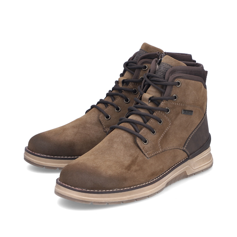 Braune Rieker Herren Schnürstiefel 32331-25 mit wasserabweisender TEX-Membran. Schuhpaar seitlich schräg.
