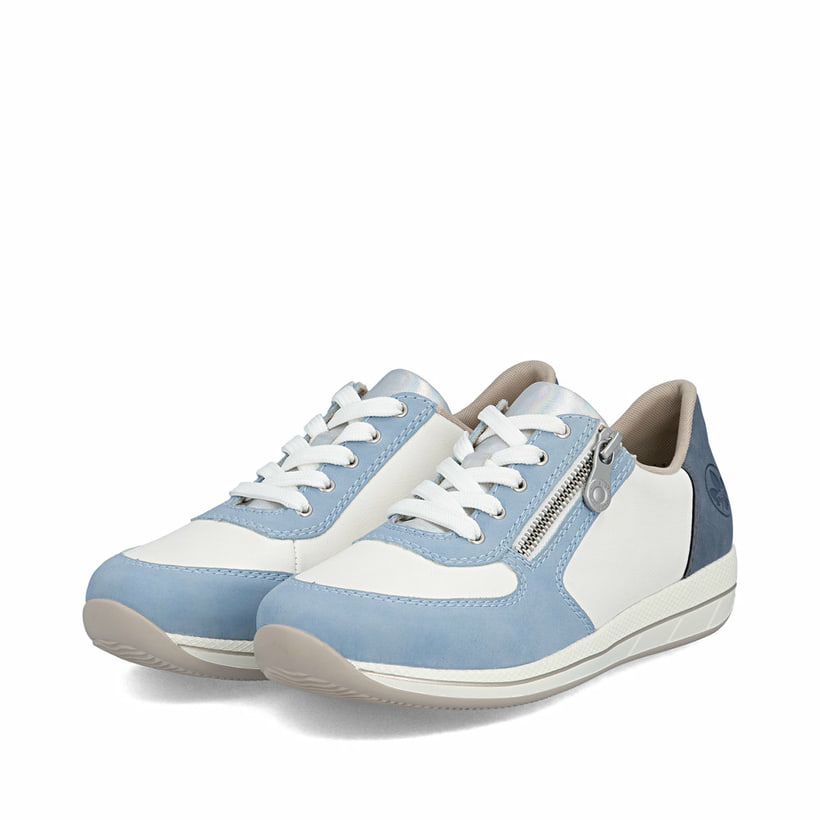 Baskets basses Rieker bleues pour femme N1112-10 avec fermeture éclair. Chaussures inclinées sur le côté.