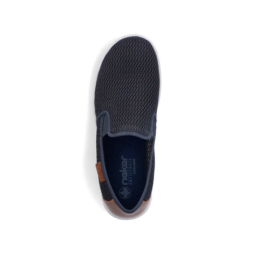Blaue Rieker Herren Slipper 08676-14 mit einem Gummizug sowie der Extraweite H. Schuh von oben.