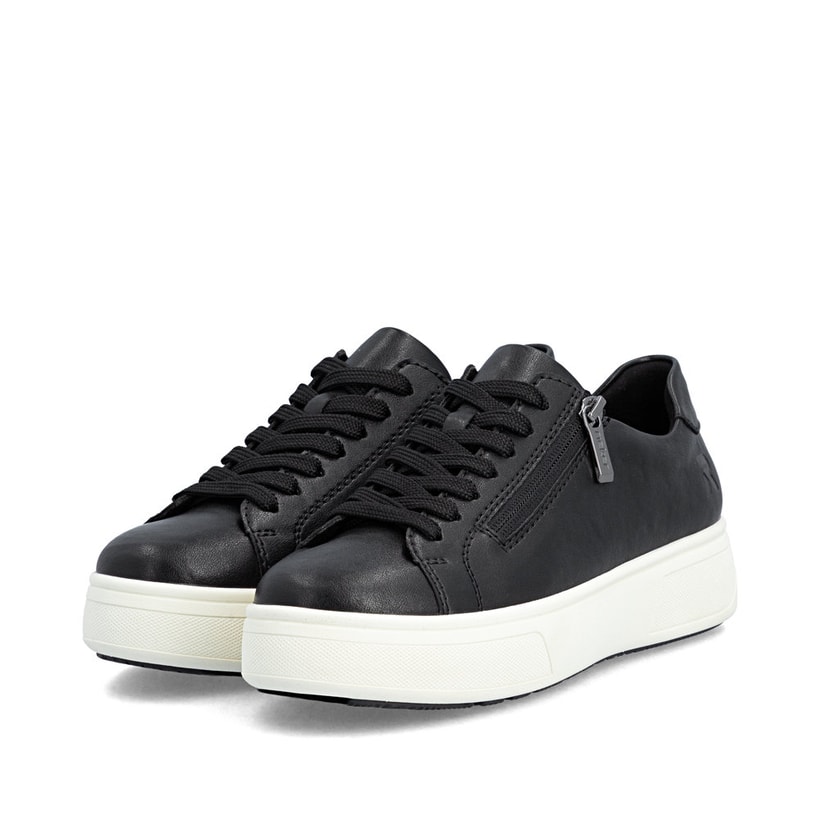 Baskets basses Rieker noires pour femme M7701-00 avec fermeture éclair. Chaussures inclinées sur le côté.
