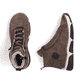Dunkelbraun-schwarze Rieker Damen Schnürstiefel 45912-25 mit Anflechter-Naht. Schuh von oben, liegend.
