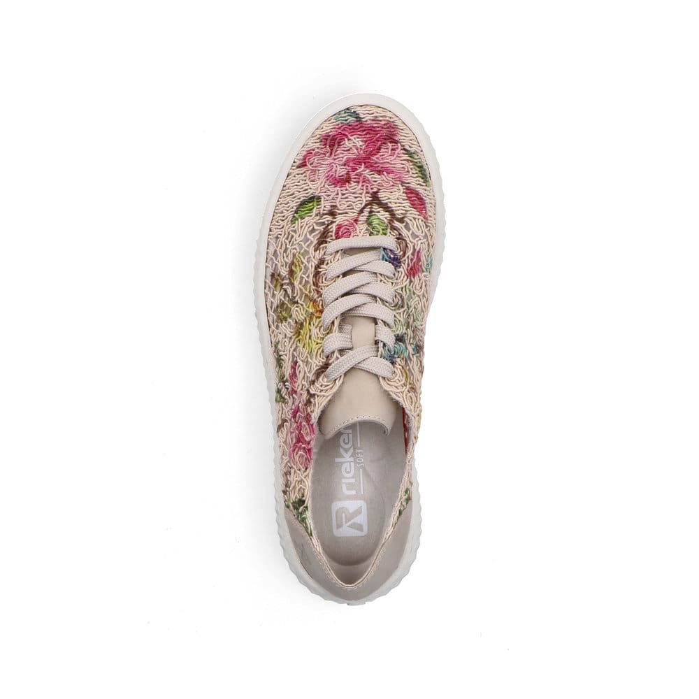 Mehrfarbige vegane Rieker Damen Sneaker Low N9919-91 mit floralem Muster. Schuh von oben.