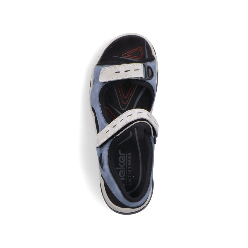 Blaue vegane Rieker Damen Trekkingsandalen 67666-10 mit Rieker Air Sohlenfenster. Schuh von oben.