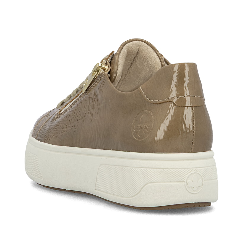 Dunkelbeige Rieker Damen Sneaker Low M7702-64 mit einem Reißverschluss. Schuh von hinten.