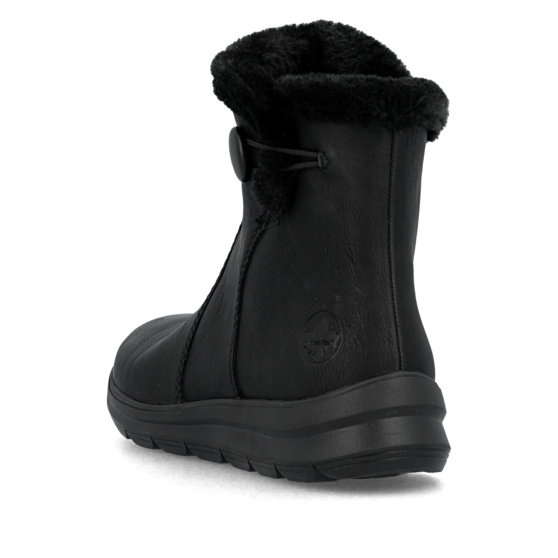
Tiefschwarze Rieker Damen Kurzstiefel Z0070-00 mit einer robusten Profilsohle. Schuh seitlich schräg