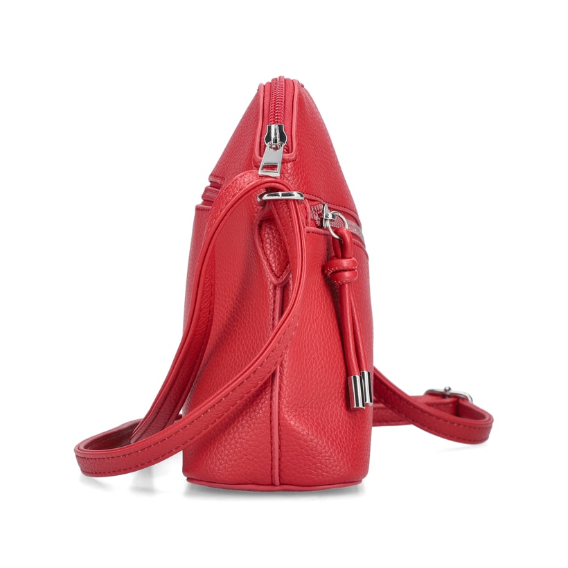 Sac à main Rieker H1031-33 rouge avec fermeture éclair et bandoulière ajustable. Ouvert.