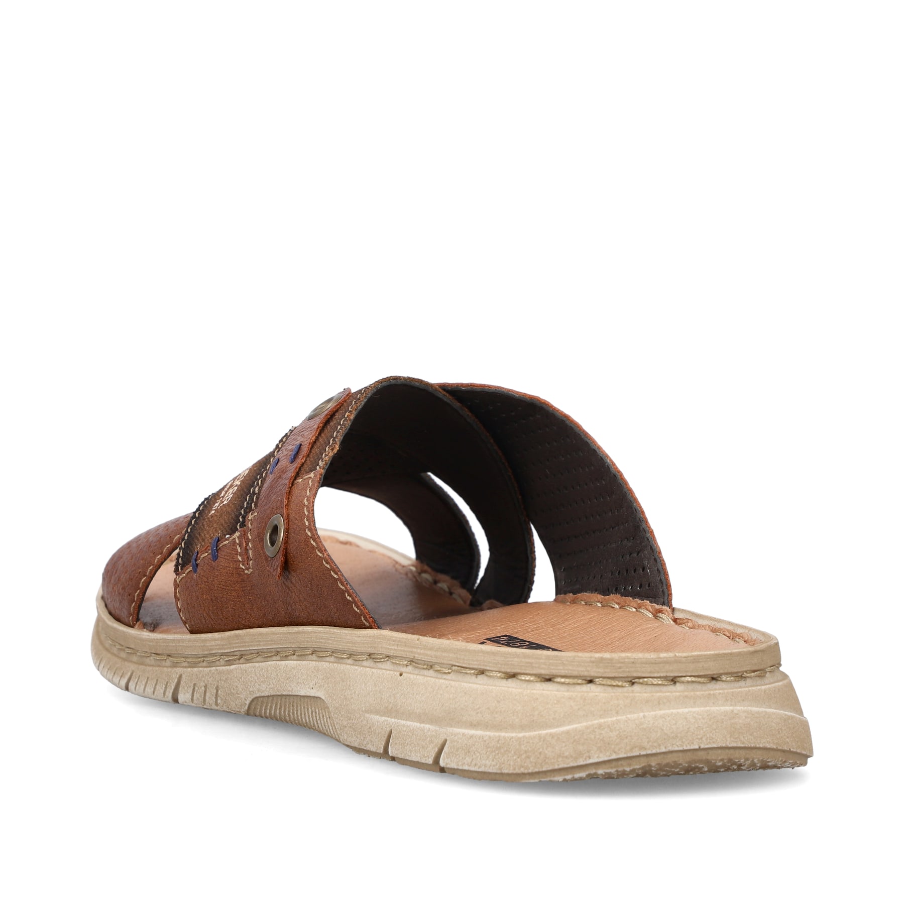 Braune Rieker Herren Pantoletten 21384-25 mit glänzenden Zierösen. Schuh von hinten.