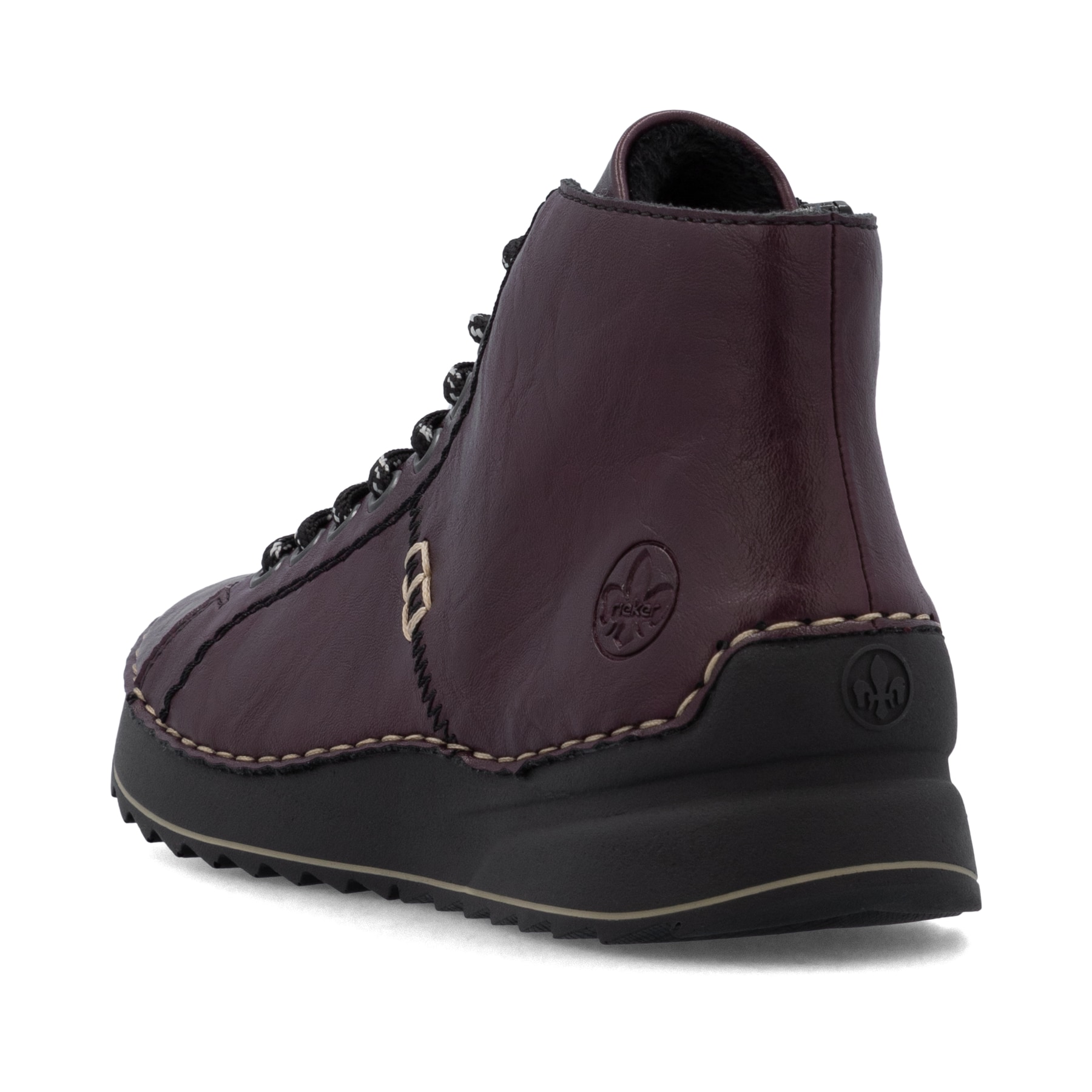 Dunkelrote Rieker Damen Schnürstiefel 71510-30 mit einem Reißverschluss. Schuh von oben.
