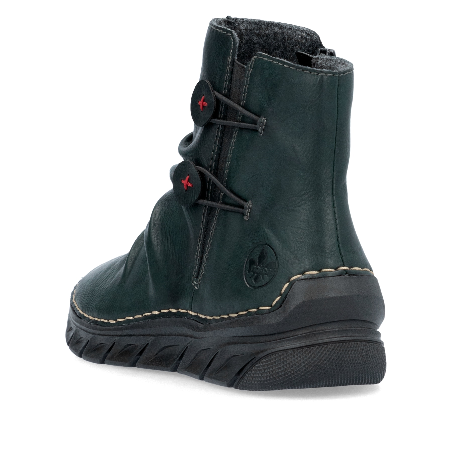 Grüne Rieker Damen Kurzstiefel 55052-54 mit geraffter Optik sowie Reißverschluss. Schuh von hinten.