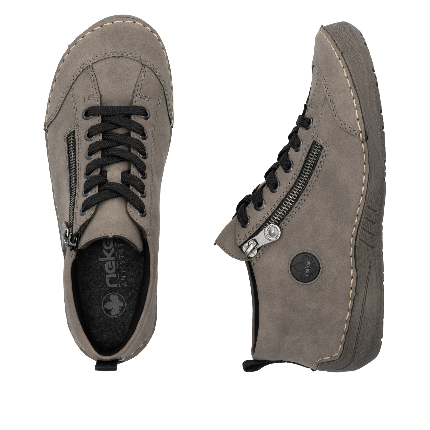 Graue Rieker Damen Schnürstiefel 52514-42 mit auffälligem Logo. Schuh von oben, liegend.