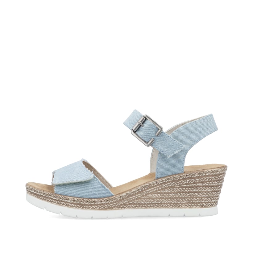 Blaue Rieker Keilsandaletten 61960-10 mit trendigen Schnalle. Schuh Außenseite.