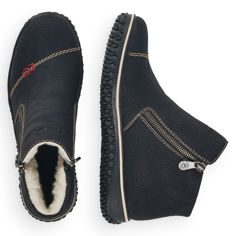 Schwarze Rieker Damen Slipper L4270-00 mit wasserabweisender RiekerTEX-Membran. Schuh von oben, liegend.