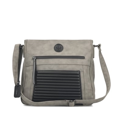 Rieker Damen Handtasche H1481-42 in Mondgrau-Nachtschwarz aus Kunstleder mit Reißverschluss. Handtasche Vorderseite.